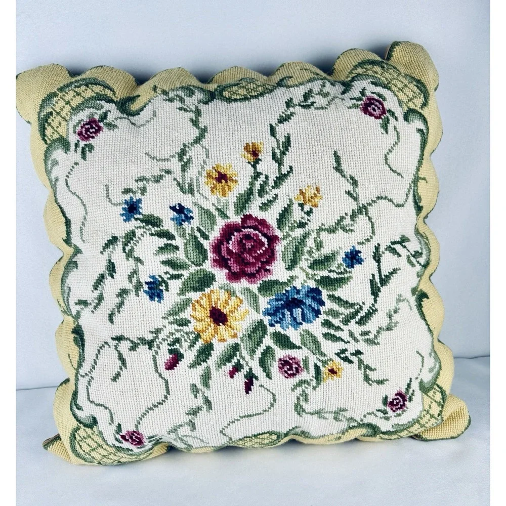 Needlepoint Pillow - Floral Design, Velvet Back, Cottagecore Flowers Grannycore